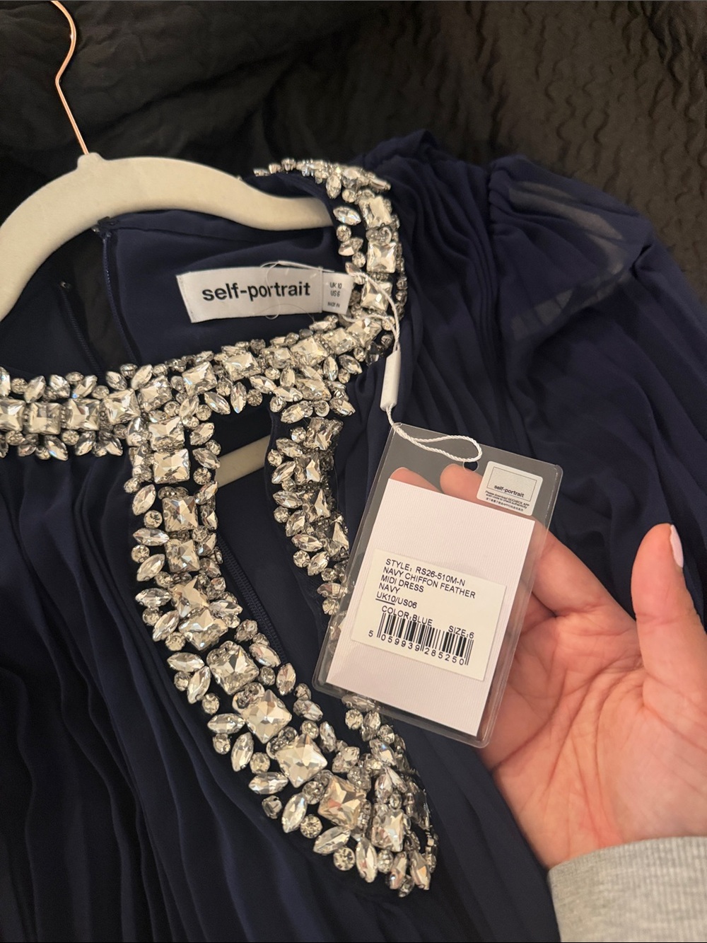 Self-Portrait Navy Pleated Maxi Dress with Feather Cuffs & Beaded Neckline - Picture 3 of 6